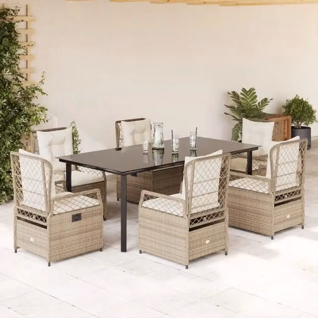 Set da Pranzo da Giardino vidaXL in Polyrattan con Cuscini Beige e Tavolo in Vetro, 7 Pezzi