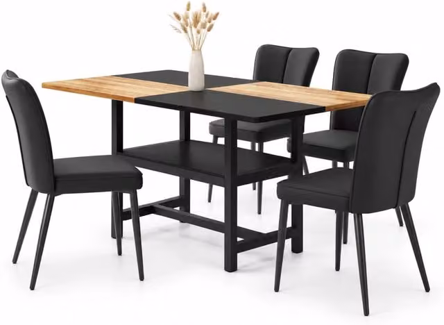 Set tavolo e 4 sedie da sala da pranzo con ripiano portaoggetti, sedute imbottite, MDF, metallo e PU marrone e nero