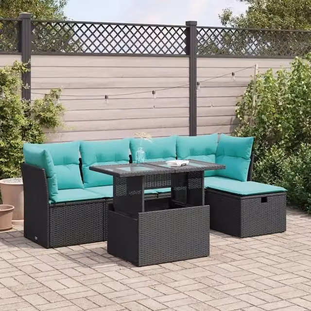 Set Divano da Giardino 6 pz con Cuscini Nero Polyrattan Acacia 3327767