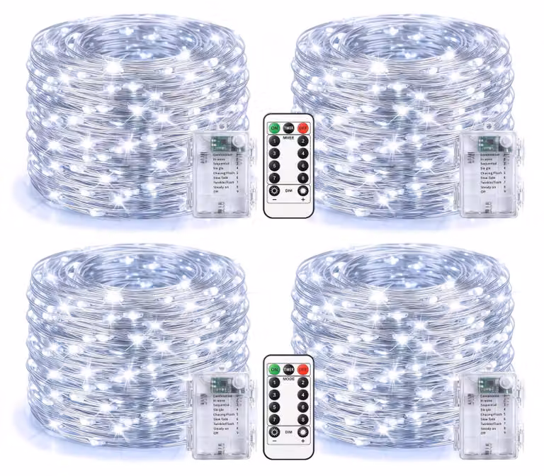 Catena luminosa a LED, 10 metri, 100 LED, luce bianca fredda, set da 4, alimentazione a batteria