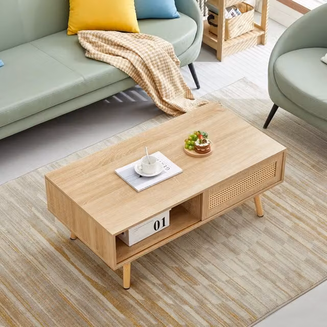 Tavolino basso fisso con anta scorrevole in rattan gambe in legno colore naturale