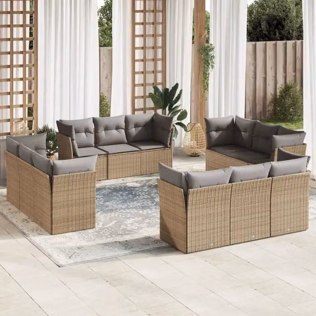 Set di divani da giardino VIDAXL in polyrattan con cuscini beige, design moderno a forma di U, 12 pezzi – 1