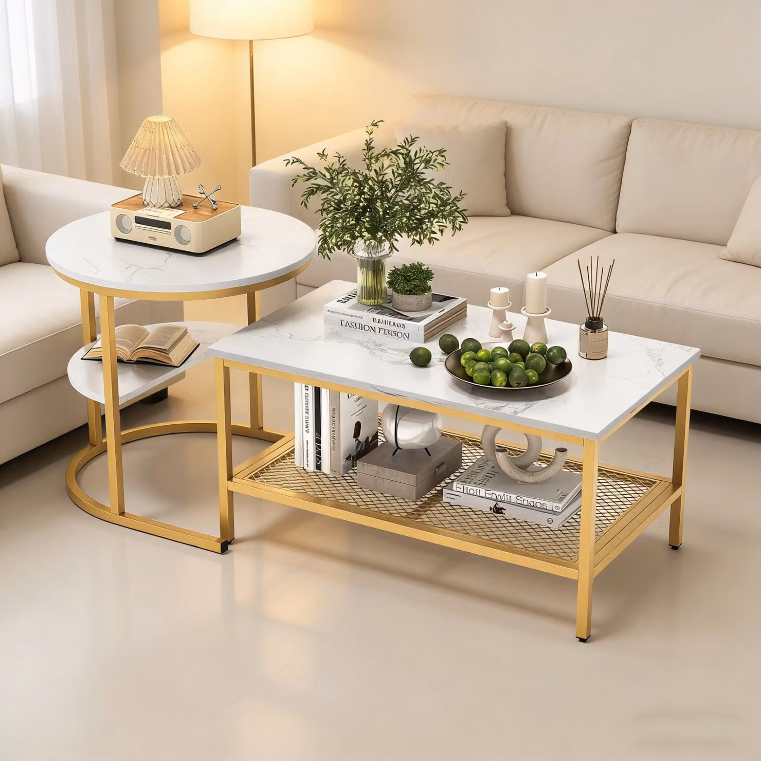 INONEFT, Set da 2 tavolini, aspetto marmo con struttura in metallo e ripiano, tavolino da salotto, tavolino da divano, tavolino da caffè per soggiorno (bianco + dorato)