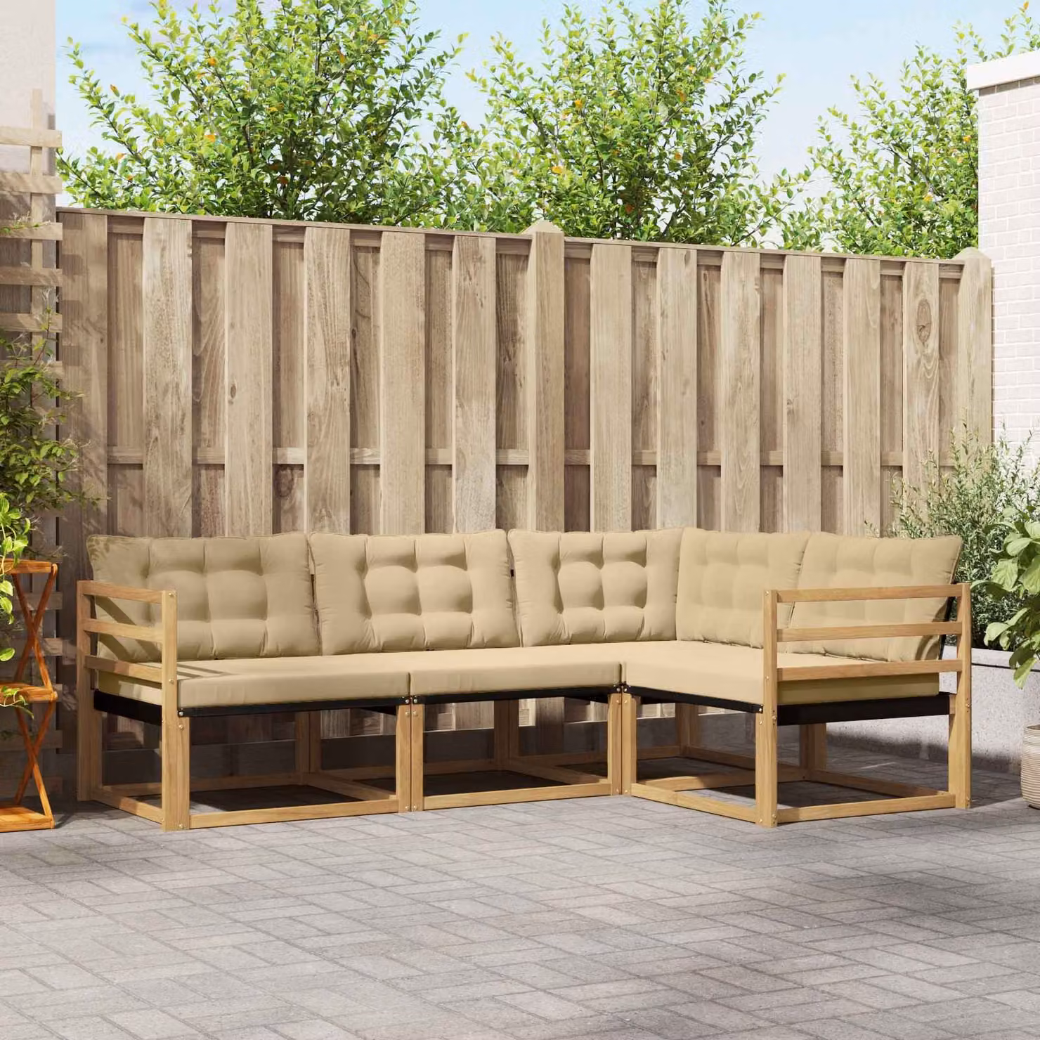 Set di divani da esterno a L vidaXL in legno di acacia con cuscini, Bianco, Beige e Marrone