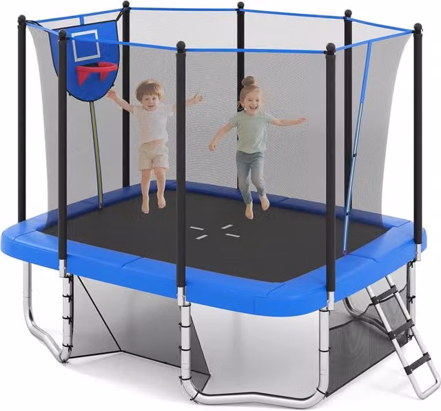 Trampolino da Esterno per Bambini e Adulti 317 x 255 cm, Tappeto Elastico Rettangolare con Canestro da Basket, Porta da Calcio, Scala Antiscivolo, Rete e Telaio in Acciaio
