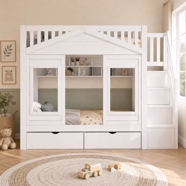 Letto a soppalco a forma di casetta 90x200 cm con scala contenitore; bianco