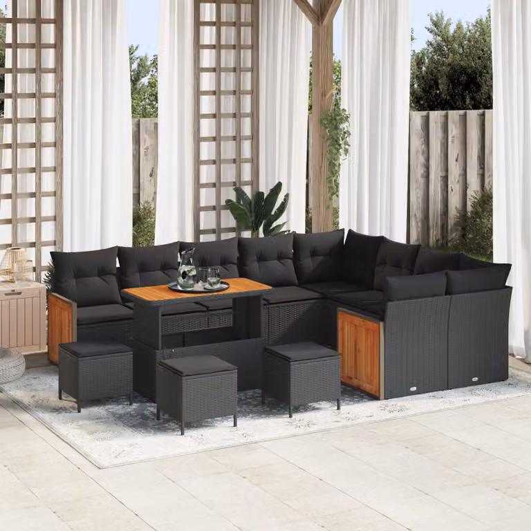 Set Divano da Giardino vidaXL 13 Pezzi con Cuscini e Tavolino Nero