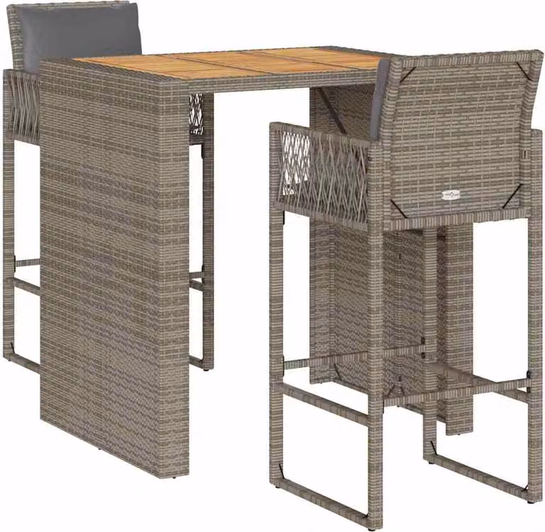 Set Bar da Giardino 3 pz con Cuscini Grigio Polyrattan Acacia