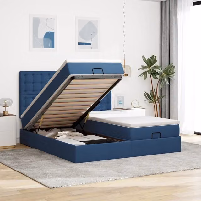 Letto con contenitore a sollevamento vidaXL in tessuto blu e bianco con illuminazione sottostante e porta USB, L: 180 cm, P: 200 cm, H: 280 cm – 1