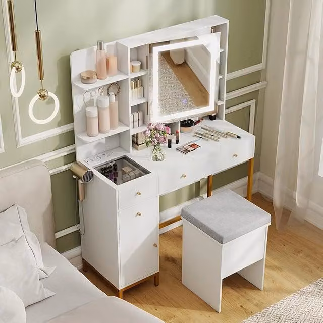 Set Toeletta da Trucco con Sgabello COSTWAY, Tavolo con Luci LED a 3 Colori, Armadietto a Specchio, 3 Cassetti e Stazione di Ricarica, Colore Bianco e Oro