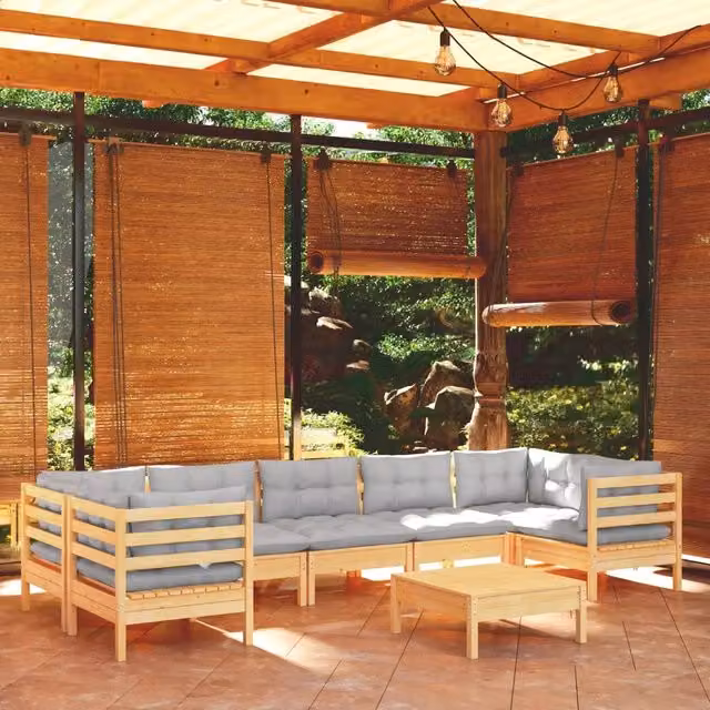 Set Divani da Giardino 8 pz con Cuscini Grigi Massello di Pino 3097312