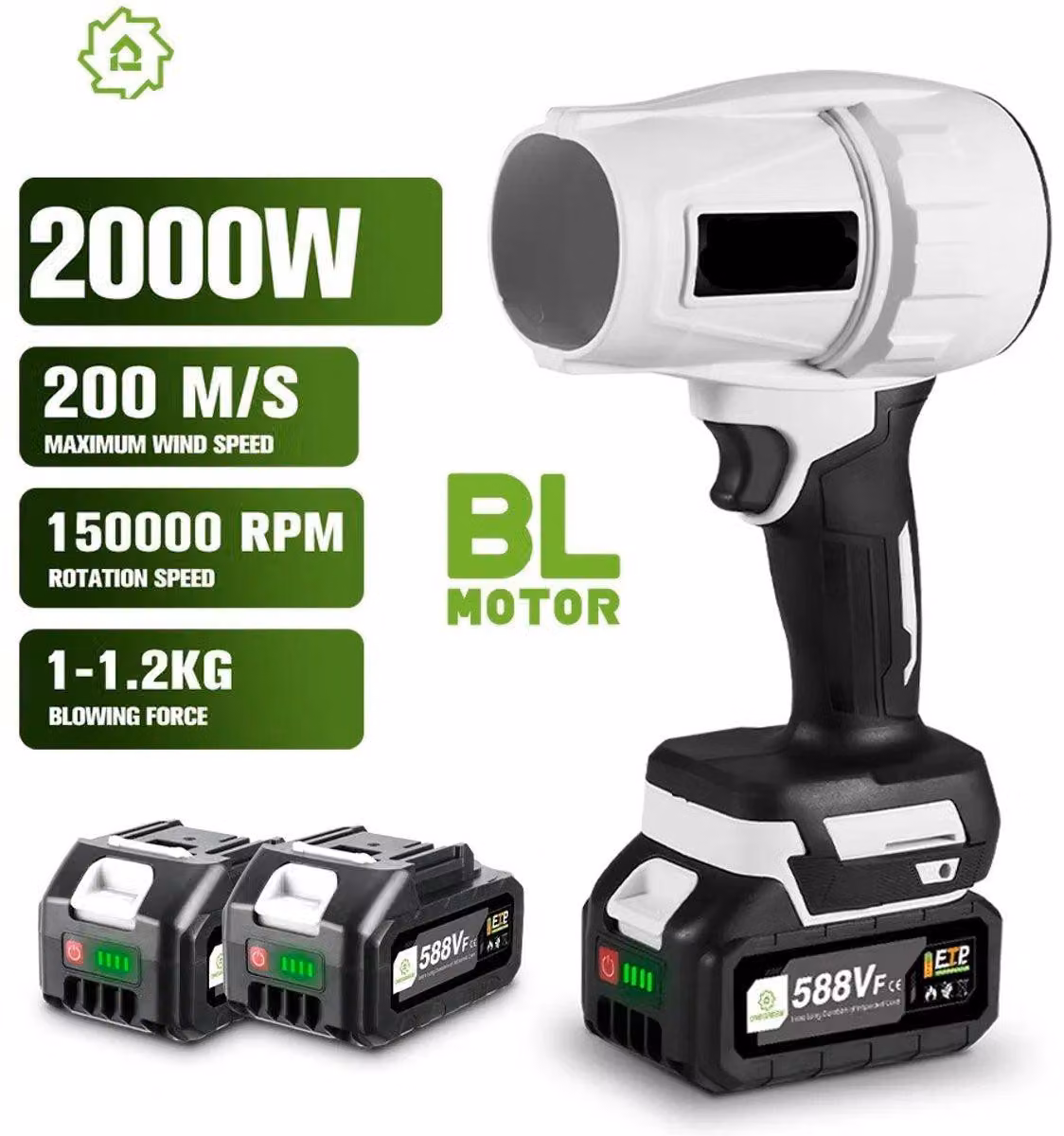 Ventilatore turbo - Ventilatore a getto elettrico - Velocità dell'aria: 200 m/s - Soffiante a batteria - 2000W - Bianco