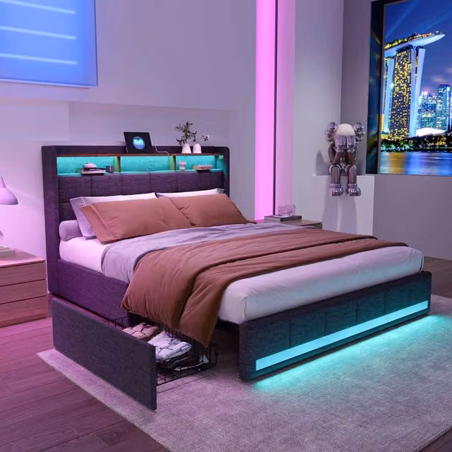 Letto 160x200cm con rete LED USB; letto matrimoniale imbottito 4 cassetti testiera stoccaggio; adulti adolescenti; lino( grigio 160x200)