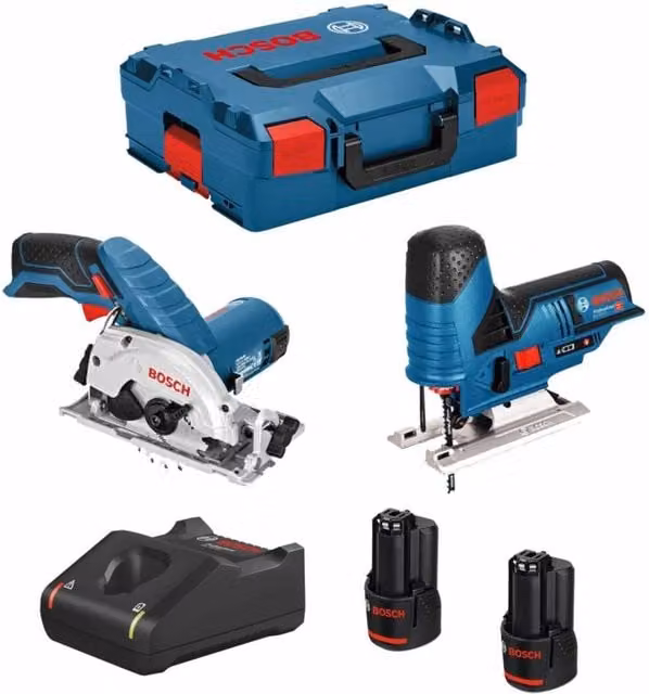 Kit Bosch 12V B12GKSGST2bat3a-40 con Seghetto Alternativo GKS 12V-26, Aspiratore GST 12V-70, 2 Batterie da 3,0 Ah, Caricatore GAL12V-40 e L-Boxx 136 Blu