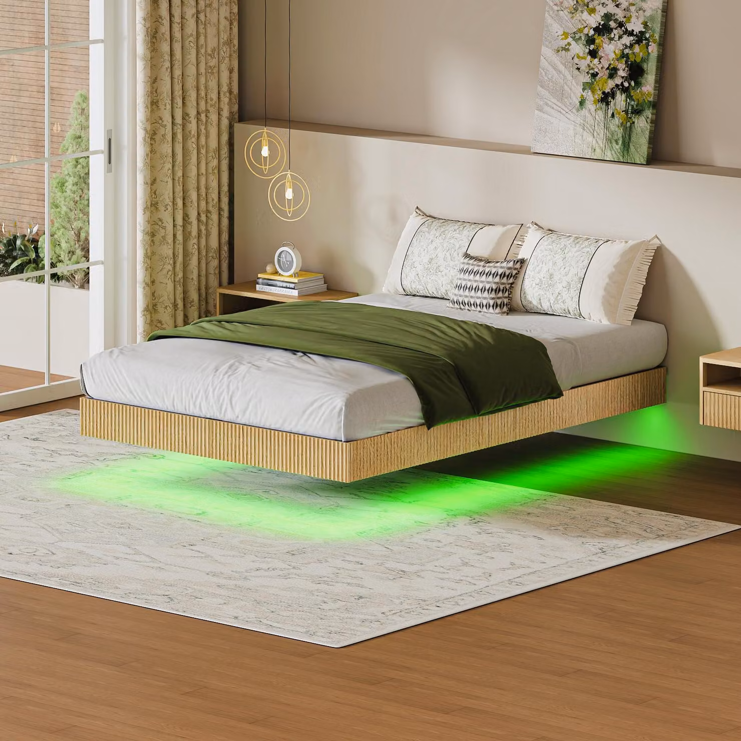 Letto moderno con design sospeso e finiture a listelli
