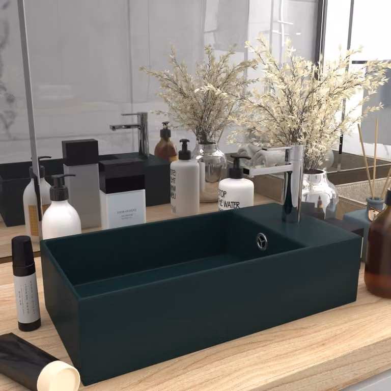The Living Store Lavandino da bagno con troppopieno in Vetroceramica verde scuro