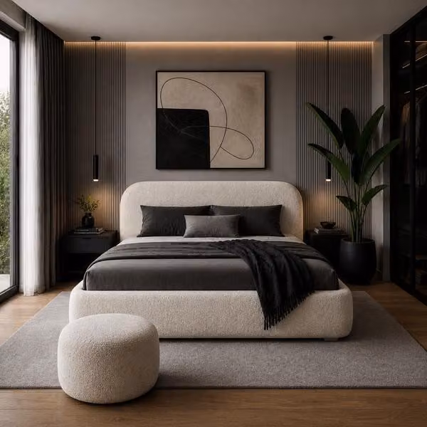Letto imbottito Sofello, tessuto bouclé color crema effetto orsetto, 140x200 cm, rete a doghe in legno, materasso