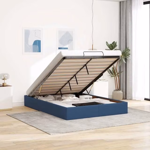 Struttura Letto Pouf senza Materasso-Giroletto con contenitore Blu 140x200cm in Tessuto