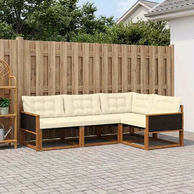 Set di divani da esterno vidaXL 4 pezzi a forma di L in legno di acacia con cuscini beige e crema