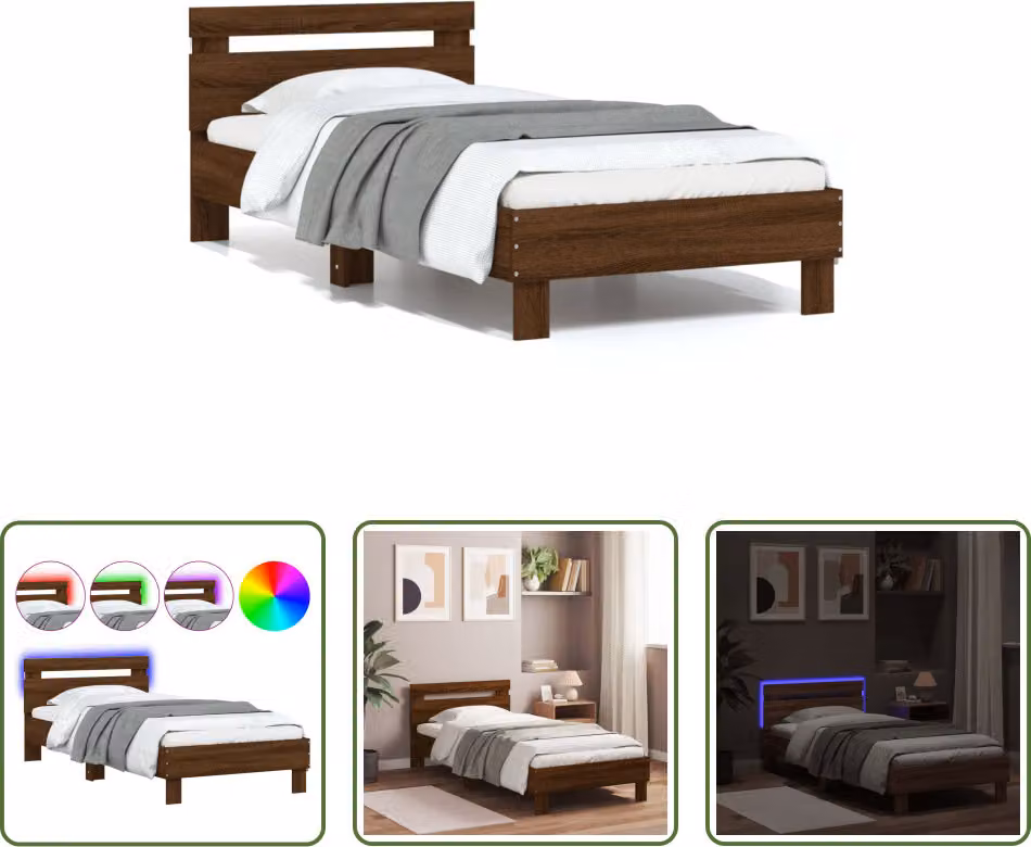 The Living Store Struttura letto con testiera e luci LED in rovere marrone 75x190 cm