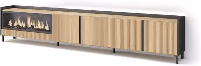 Mobile TV Soggiorno, 315x61x35 cm, Per TV fino a 80", Camino elettrico XXL, Design industriale, Led, Rovere e nero
