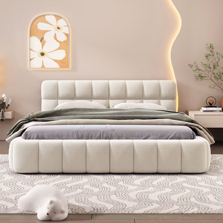 Letto per adulti 140x200cm in lino con schienale morbido, letto piatto con rete a doghe, beige