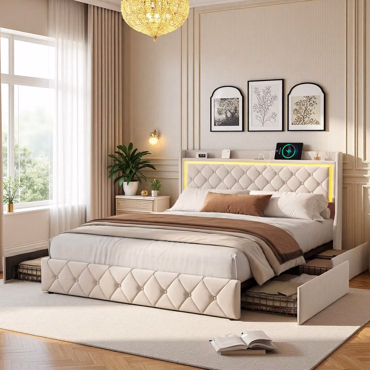 Letto imbottito INONEFT, 140x200 cm, con spazio contenitore, 4 cassetti, letto matrimoniale con USB/LED, letto multifunzionale con testiera, struttura letto con rete a doghe, rivestito in velluto, colore beige