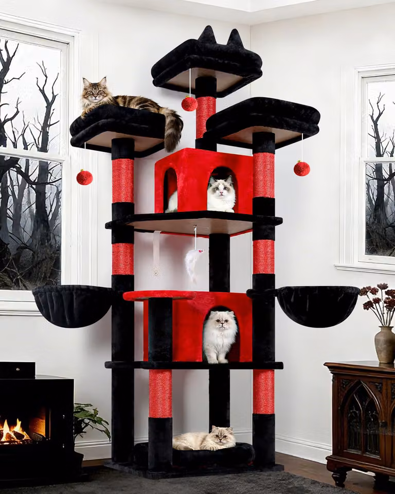 Albero per gatti stabile, alto 174 cm, con 3 pali imbottiti, 2 casette, 2 ceste, un letto rimovibile, adatto per