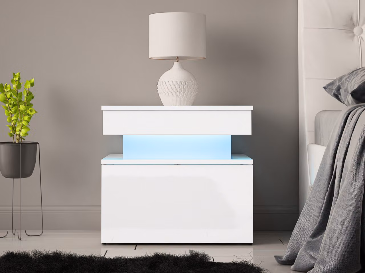 Comodino con illuminazione a LED USOA - bianco lucido