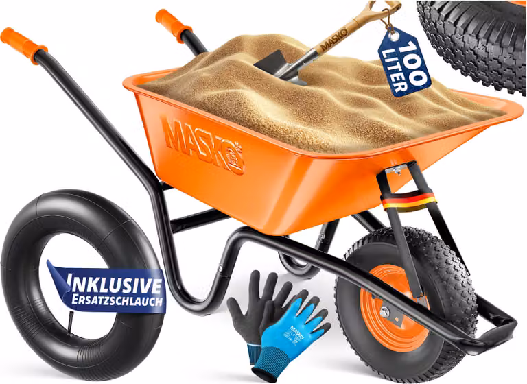 Carriola MASKO® da cantiere con ruote pneumatiche, capacità 100 L, portata fino a 250 kg