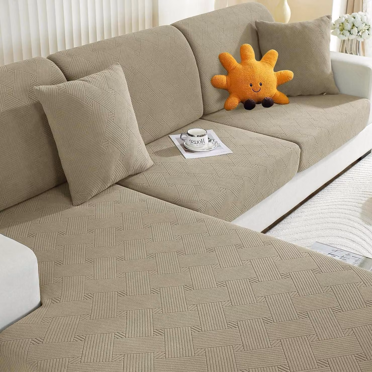 Copertura per cuscino da seduta, elasticizzata, color kaki, per chaise longue, motivo geometrico, antiscivolo