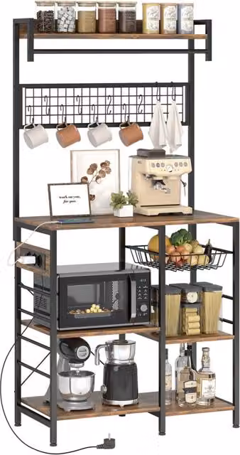 Scaffale da cucina HOMCOM in stile industriale marrone con luci LED integrate e barra appendiastoviglie L 80 cm, P 42 cm, H 162 cm – 1
