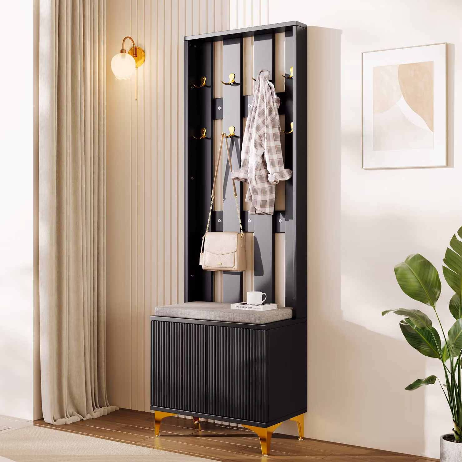 MODFU Set guardaroba armadio con panca porta scarpe e cuscini, parte frontale guardaroba armadio aperto con ganci, nero