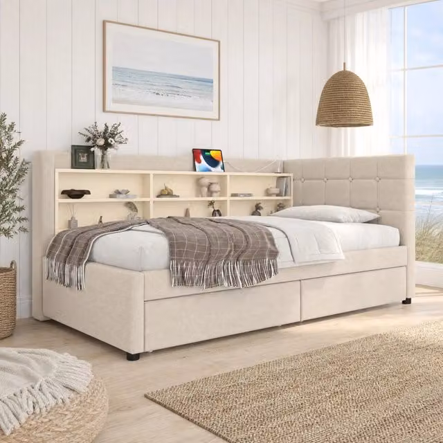 Letto singolo 90 × 200 cm con rete a doghe in lino beige due cassetti prese USB e Type C