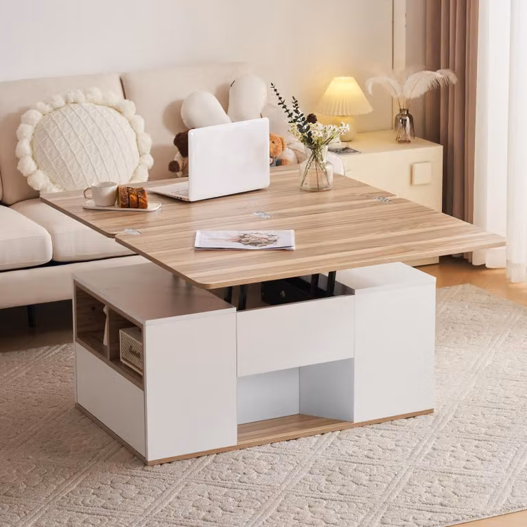 Tavolino STILVORA, con piano sollevabile e due cassetti, tavolino multifunzionale per il soggiorno con 2 vani aperti, colore bianco e legno