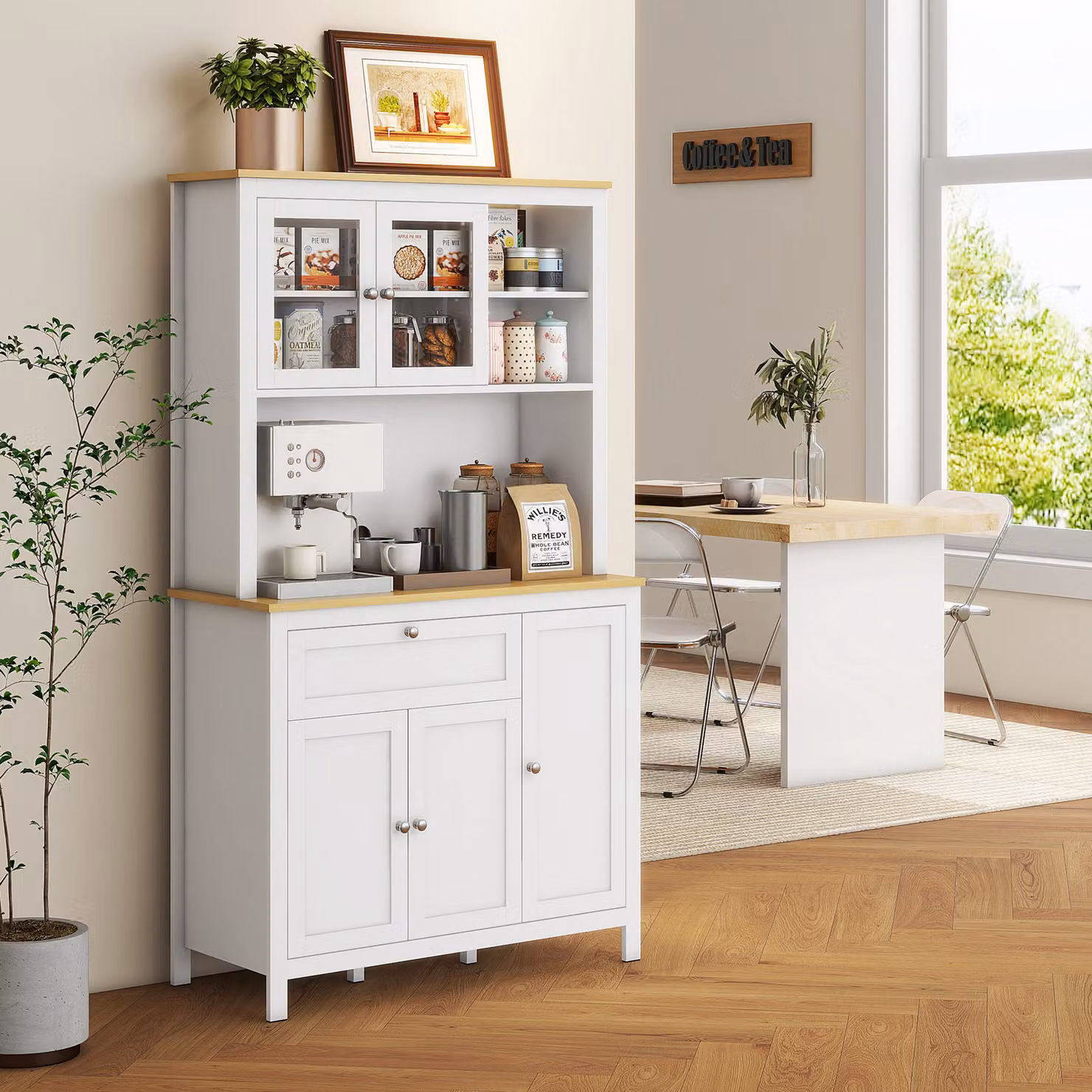Dispensa da cucina HOMCOM in legno bianco con ante a battente, ripiani interni e scaffali aperti, L 100 cm x P 40 cm x H 180 cm – 2