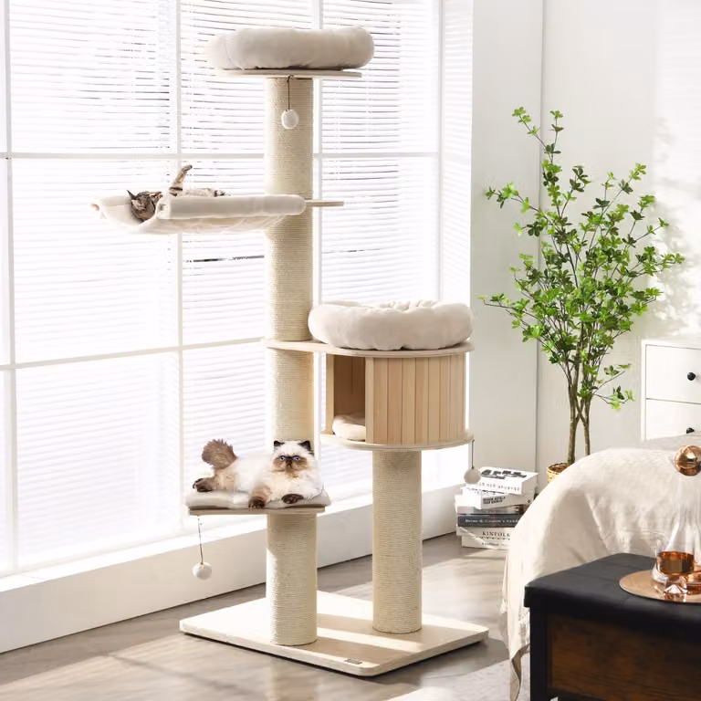Albero per gatti Costway in legno massiccio con pali in sisal sostituibili, Torre per gatti a 4 livelli, Colore Naturale/Beige/Marrone, Altezza: 174 cm