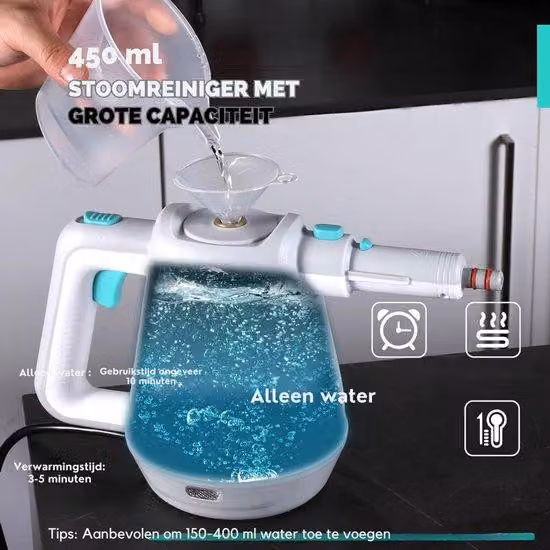 Pulitore a vapore portatile da 1200 W - 8 accessori - 450 ml - 3,0 bar. Ideale per rimuovere polvere e grasso da pavimenti, finestre, cucine, bagni e automobili.