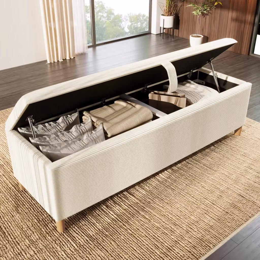 Panca fondo letto con vano contenitore idraulico Mivray in tessuto a coste beige con gambe in legno L: 145 cm, P: 46 cm, H: 38 cm – 2