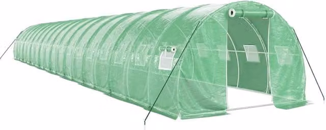 Serra a tenda verde con struttura in acciaio e copertura in policarbonato per piante, fiori e ortaggi, L: 18 m, P: 3 m, H: 2 m