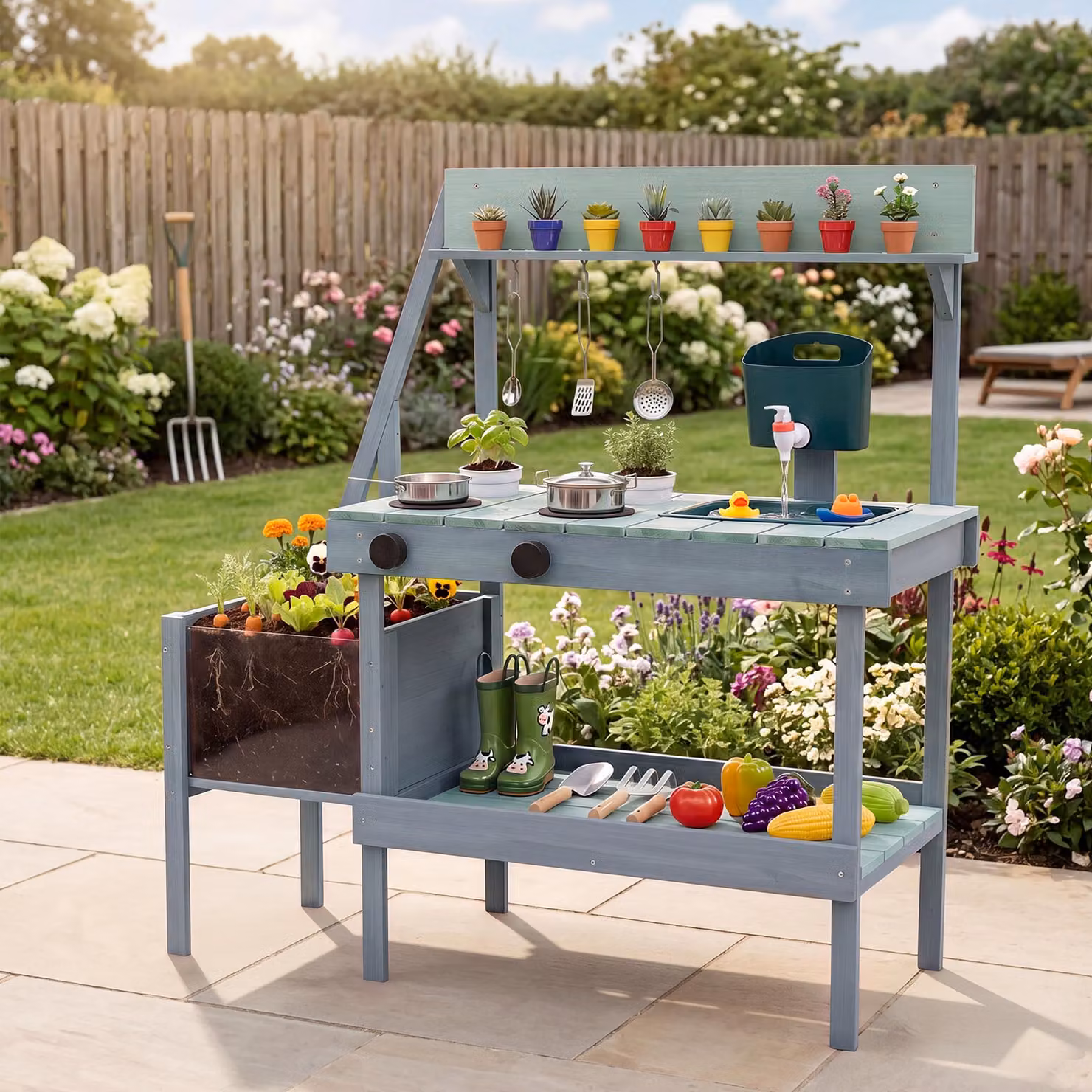 Cucina giocattolo Costway in legno massello con fioriera rialzata per bambini, modello Montessori verde per esterni
