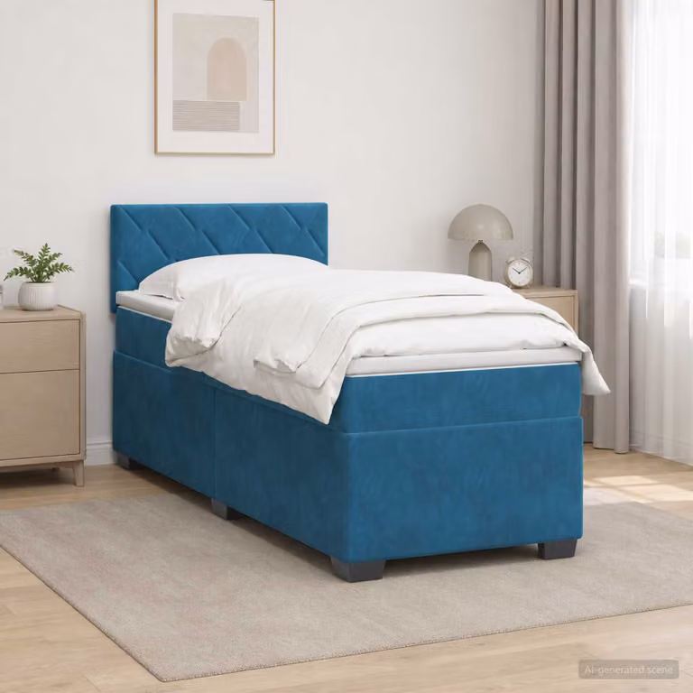 Letto con Box Spring vidaXL in Velluto Blu e Bianco con Materasso a Molle Pocket, Illuminazione LED Sottostante e Porta USB, L/P: 80 x 200 cm