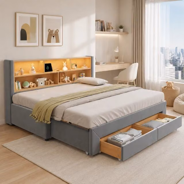 Letto da giorno estraibile 90x200 cm con 2 cassetti, LED, USB e USB-C in velluto grigio