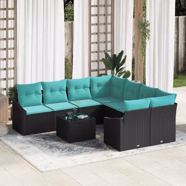 Set di divani 9 pz 3-Numero di posti Nero e Turchese polyrattan 3346666