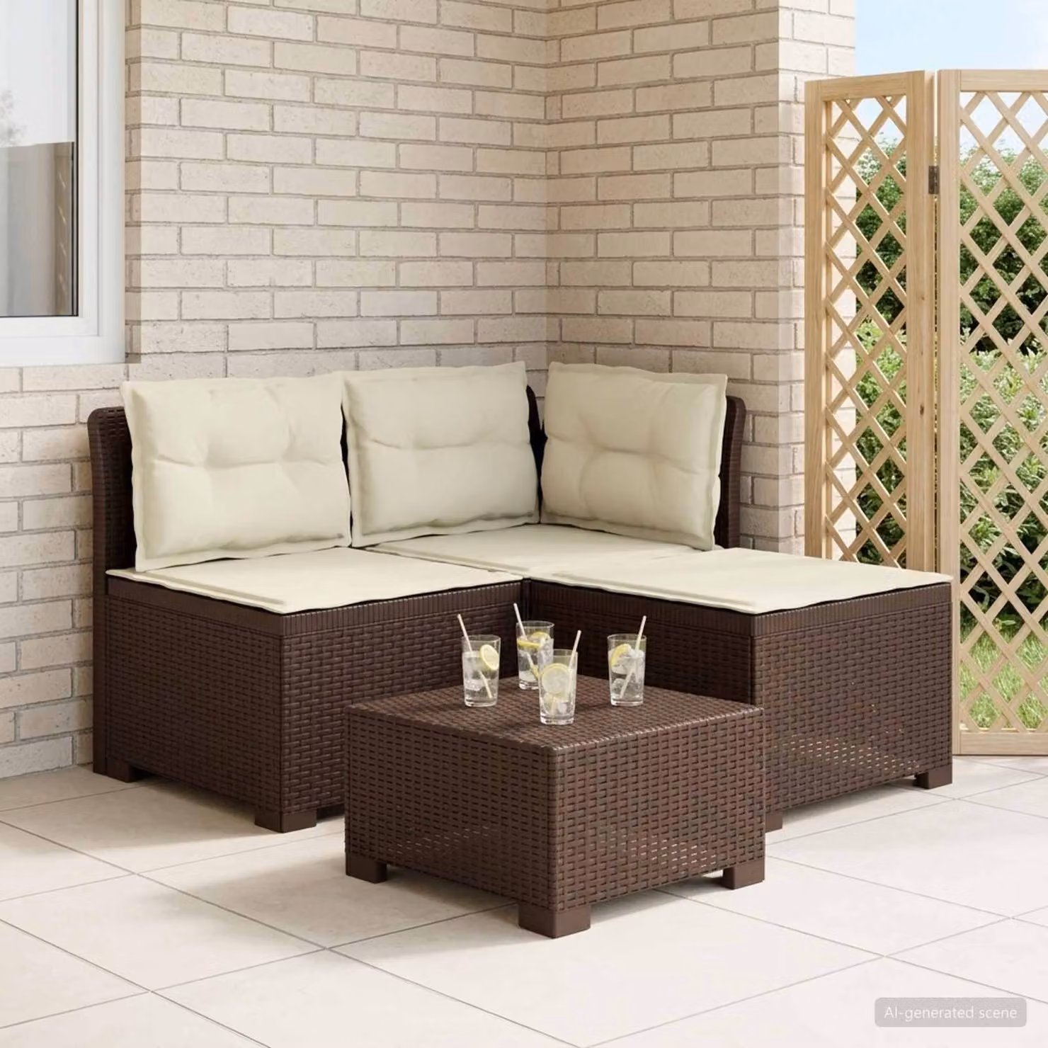 Divano da giardino a L con 3 posti vidaXL in look rattan marrone e beige con cuscini inclusi