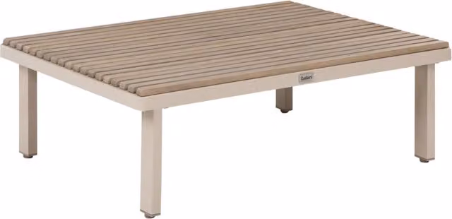 Tavolino da giardino in legno di acacia piano marrone struttura beige design rustico per patio e balcone