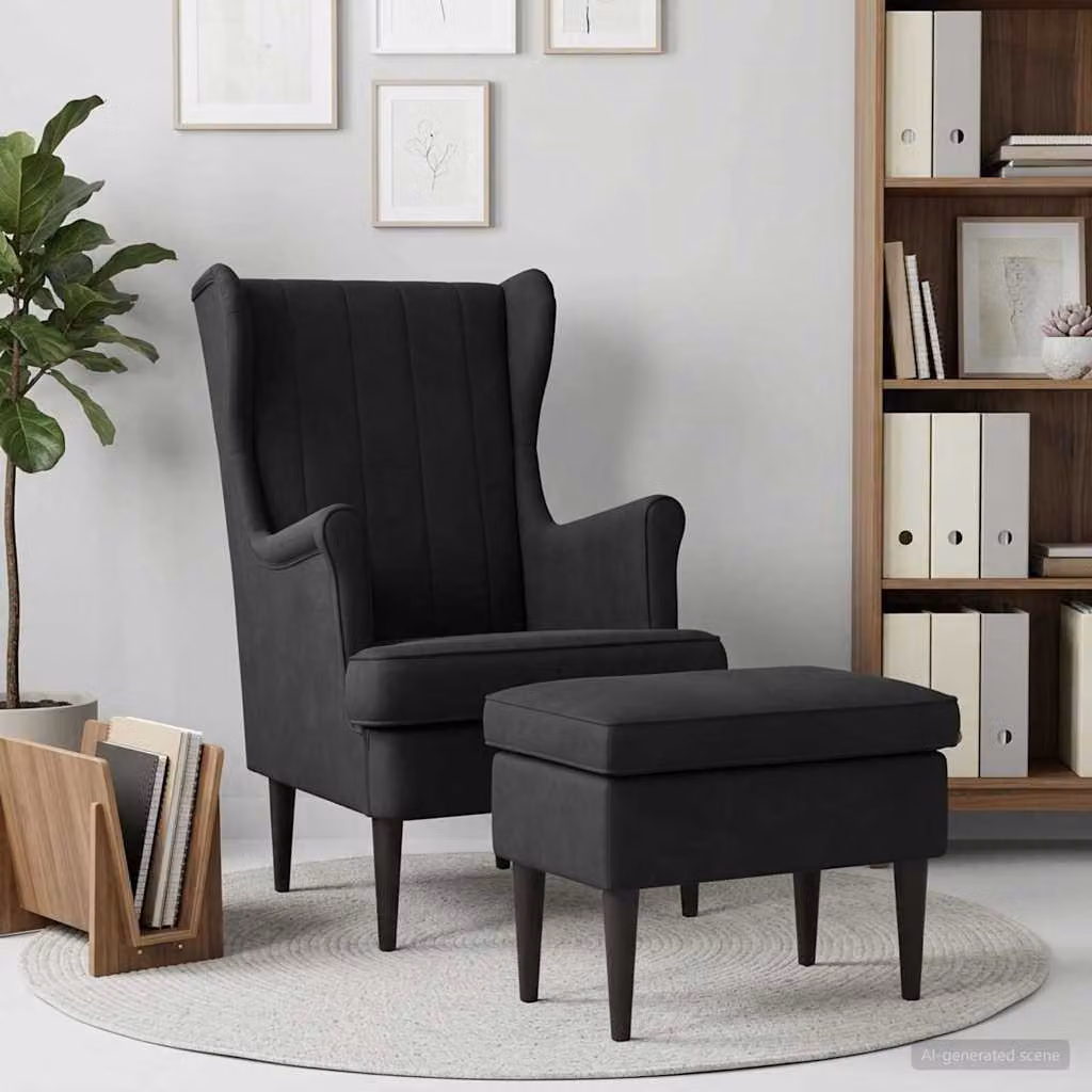 Set di Poltrona con Ottomano vidaXL in Velluto Nero con Braccioli e Design Moderno