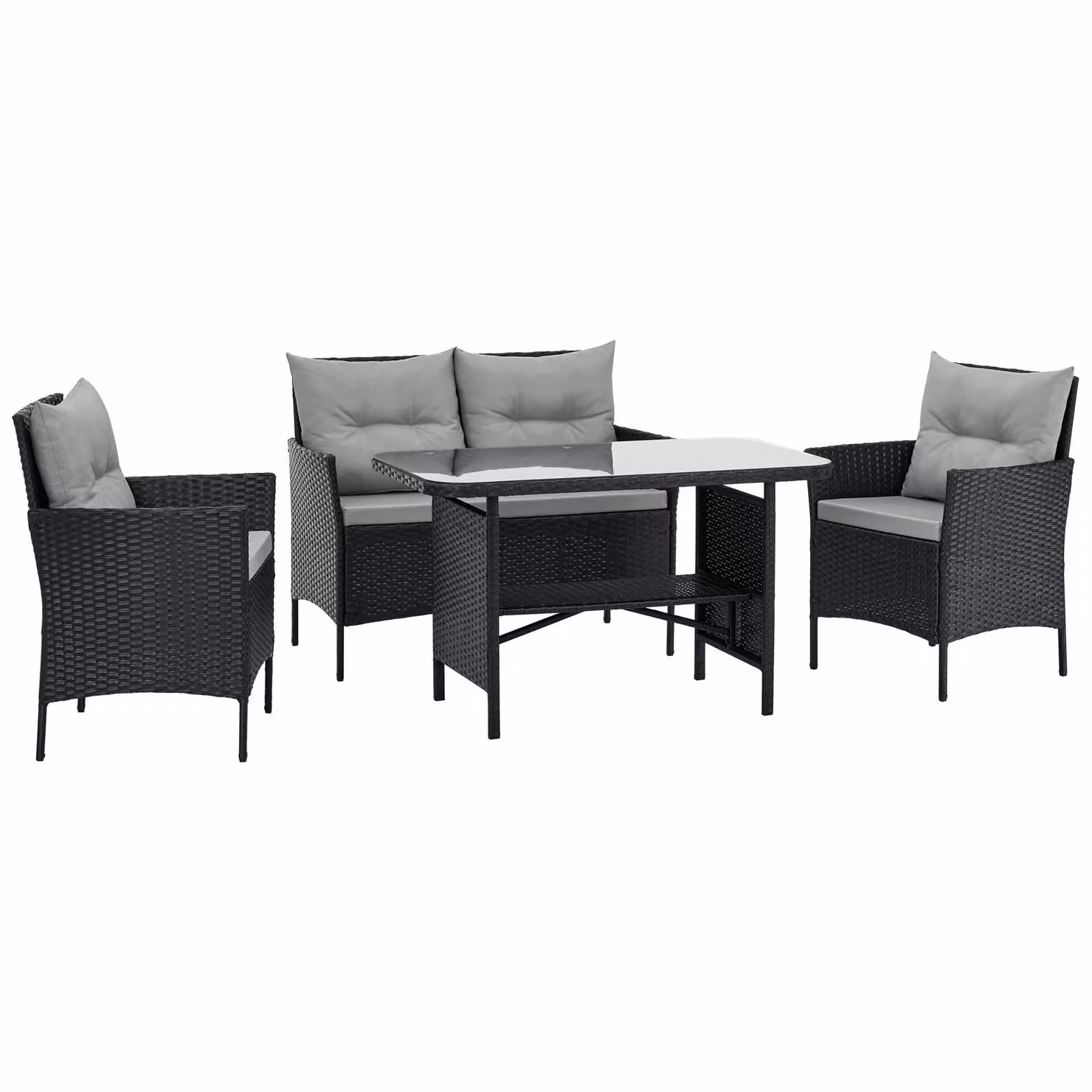 SVITA DALLAS Set di mobili da giardino in polyrattan 4 pezzi 2 poltrone Divano Tavolo Cuscini inclusi Nero