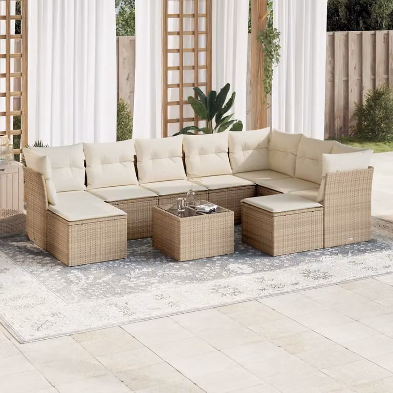 vidaXL Set Divano da Giardino 10 pz Moderno con Cuscini Beige e Tavolino in Polyrattan e Acciaio