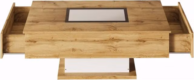 Tavolino da salotto in truciolato con piano in vetro, illuminazione LED colorata e due cassetti, 110x60x40 cm